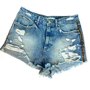 Zara Trafaluc denimwear, Cheetah Side‎ Striped Distressed Jean Shorts Size 8